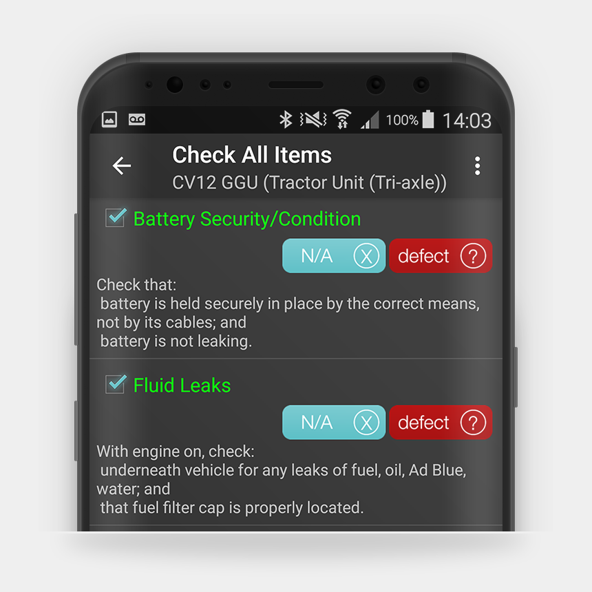 check-items-grey Vehocheck defect reporting app checks
